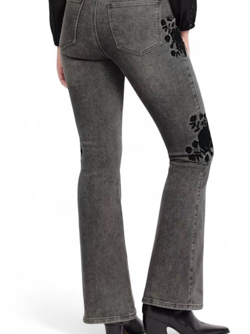 Gray Boot Cut Soft Goth Acid Wash Jeans with Black Floral Embroidery - Picture 2 of 8